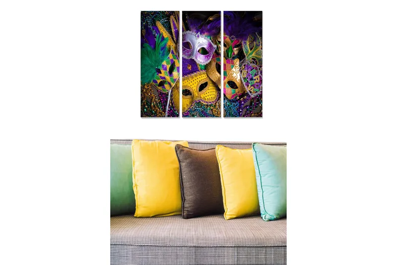Trelerretsbilde 3-delt 50x70 cm - Fargerike masker med fjær og dekorasjoner, Lilla / Gull / Grønn