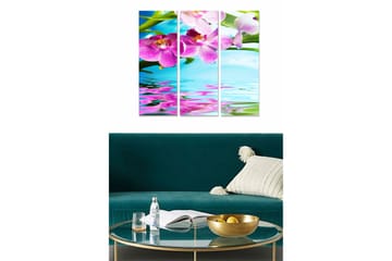 Trelerretsbilde 3-delt 50x70 cm - Fargerike orkideer med refleksjon i vannoverflaten - Rosa / Grønn / Blå - Interiør - Maleri & posters - Lerretsbilder