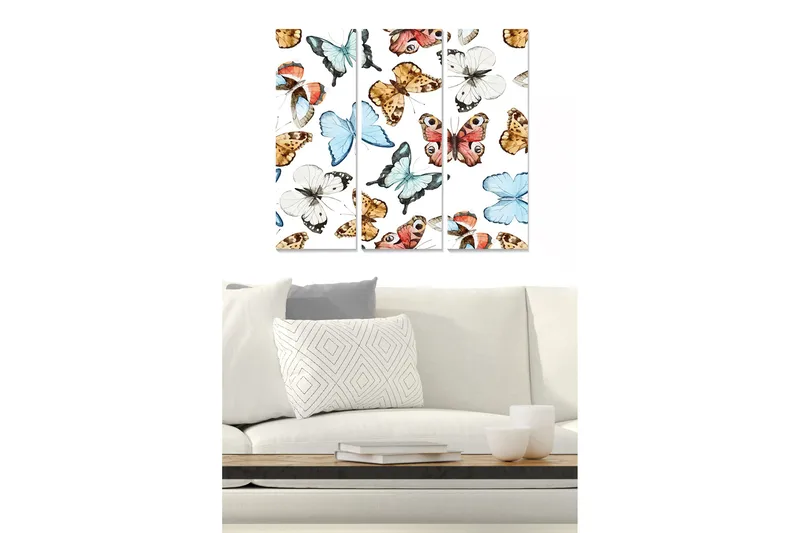 Trelerretsbilde 3-delt 50x70 cm - Fargerike sommerfugler i forskjellige former og størrelser, Blå / Oransje / Brun