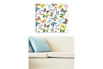 Trelerretsbilde 3-delt 50x70 cm - Fargerike sommerfugler i forskjellige mønstre og former - Grønn / Blå / Gul - Interiør - Maleri & posters - Lerretsbilder