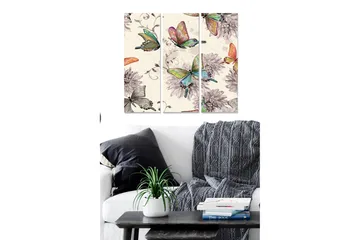 Trelerretsbilde 3-delt 50x70 cm - Fargerike sommerfugler omgitt av blomster - Grønn / Rosa / Lilla - Interiør - Maleri & posters - Lerretsbilder