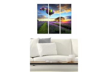 Trelerretsbilde 3-delt 50x70 cm - Fargerike varmluftsballonger over et lavendelfelt ved solnedgang - Lilla / Grønn / Oransje - Interiør - Maleri & posters - Lerretsbilder