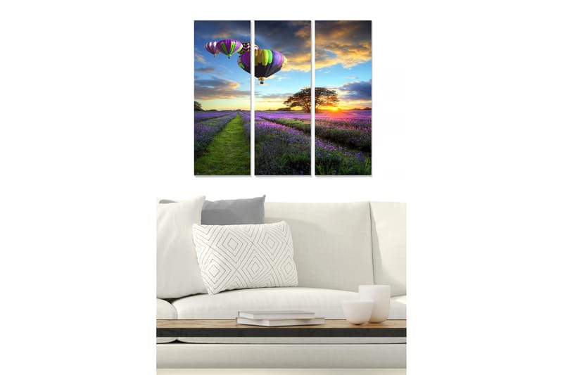 Trelerretsbilde 3-delt 50x70 cm - Fargerike varmluftsballonger over et lavendelfelt ved solnedgang, Lilla / Grønn / Oransje