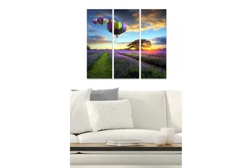 Trelerretsbilde 3-delt 50x70 cm - Fargerike varmluftsballonger over et lavendelfelt ved solnedgang - Lilla / Grønn / Oransje - Interiør - Maleri & posters - Lerretsbilder