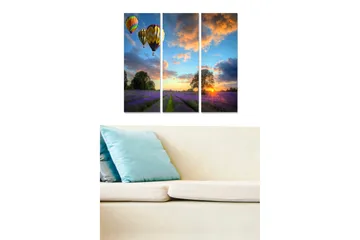 Trelerretsbilde 3-delt 50x70 cm - Fargerike varmluftsballonger som svever over et lavendelfelt ved solnedgang - Lilla / Oransje / Blå - Interiør - Maleri & posters - Lerretsbilder