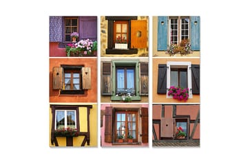 Trelerretsbilde 3-delt 50x70 cm - Fargerike vinduer med blomster i forskjellige stiler og design - Lilla / Oransje / Grønn - Interiør - Maleri & posters - Lerretsbilder