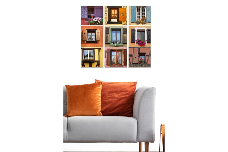 Trelerretsbilde 3-delt 50x70 cm - Fargerike vinduer med blomster i forskjellige stiler og design - Lilla / Oransje / Grønn - Interiør - Maleri & posters - Lerretsbilder