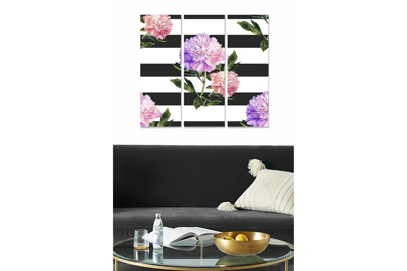 Trelerretsbilde 3-delt 50x70 cm - Fargerike peoner mot en stripete bakgrunn, Rosa / Lilla / Grønn