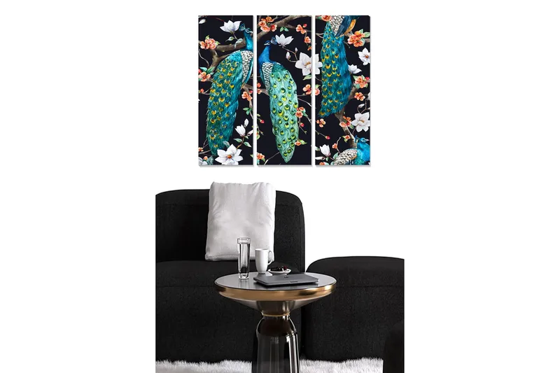 Trelerretsbilde 3-delt 50x70 cm - Fargerike påfugler blant blomster, Turkis / Grønn / Hvit