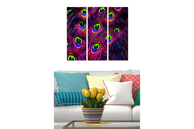 Trelerretsbilde 3-delt 50x70 cm - Fargerike påfugløyne i en abstrakt komposisjon, Lilla / Grønn / Blå