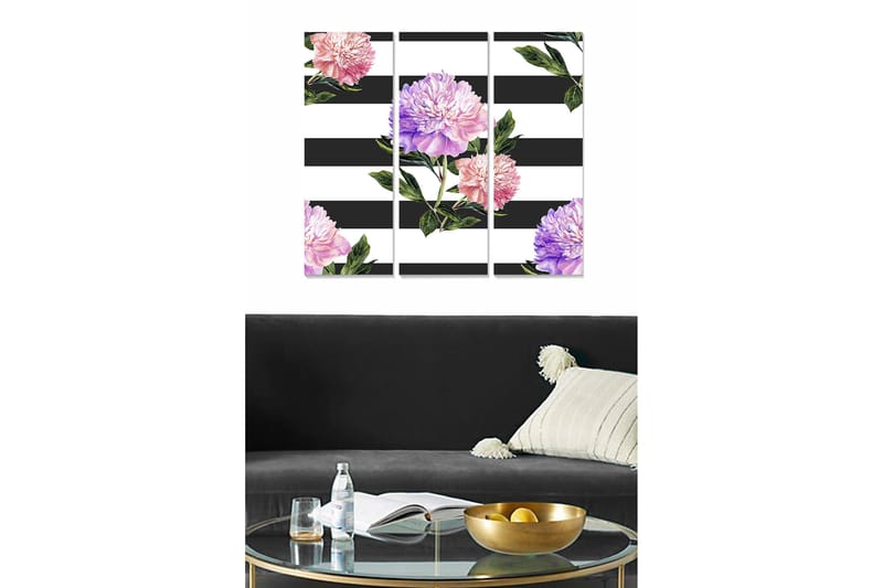 Trelerretsbilde 3-delt 50x70 cm - Fargerike peoner mot en stripete bakgrunn, Rosa / Lilla / Grønn