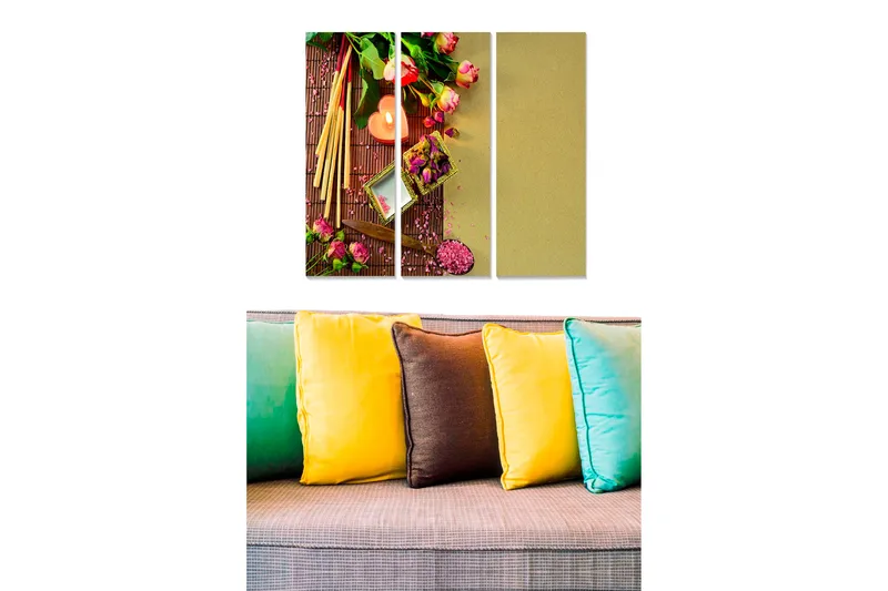 Trelerretsbilde 3-delt 50x70 cm - Fargerikt arrangement av blomster og lys på en bambusmatte, Rosa / Grønn / Beige