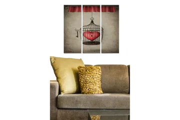 Trelerretsbilde 3-delt 50x70 cm - Fengslende fuglebur med et hjerte inni - Rød / Svart / Beige - Interiør - Maleri & posters - Lerretsbilder