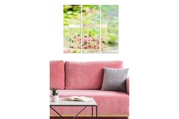 Trelerretsbilde 3-delt 50x70 cm - Fengslende fuglebur med rosa roser inni - Rosa / Hvit / Grønn - Interiør - Maleri & posters - Lerretsbilder