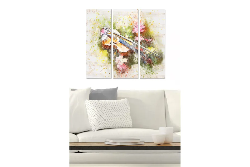 Trelerretsbilde 3-delt 50x70 cm - Fiolin omgitt av fargerike høstblader, Grønn / Rosa / Gul