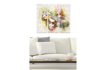 Trelerretsbilde 3-delt 50x70 cm - Fiolin omgitt av fargerike høstblader - Grønn / Rosa / Gul - Interiør - Maleri & posters - Lerretsbilder