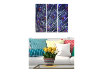 Trelerretsbilde 3-delt 50x70 cm - Fjær med påfugløyne i livlige farger - Lilla / Grønn / Gull - Interi ør - Maleri & posters - Lerretsbilder