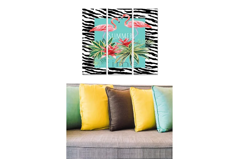 Trelerretsbilde 3-delt 50x70 cm - Flamingoer omgitt av tropiske planter i en fargerik komposisjon, Rosa / Grønn / Svart