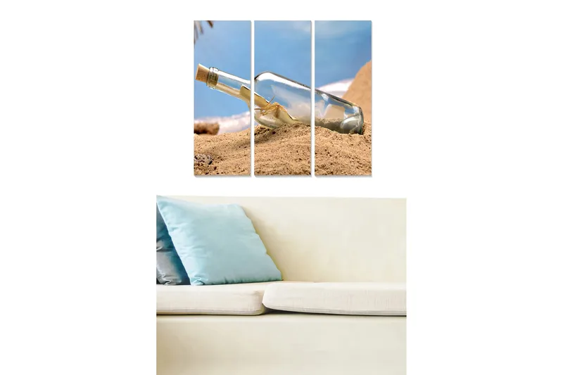 Trelerretsbilde 3-delt 50x70 cm - Flaske med budskap begravd i sanden, Blå / Beige / Gjennomsiktig