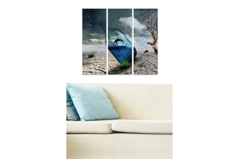 Trelerretsbilde 3-delt 50x70 cm - Flaske med delfin i et surrealistisk ørkenlandskap, Blå / Grå / Brun