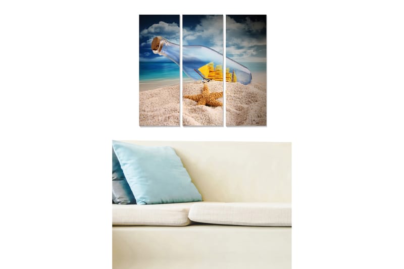 Trelerretsbilde 3-delt 50x70 cm - Flaske med seilskip på sandstrand, Blå / Beige / Gul