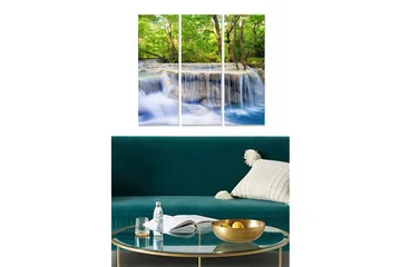 Trelerretsbilde 3-delt 50x70 cm - Foss omgitt av frodig grøntområde - Grønn / Blå / Beige - Interiør - Maleri & posters - Lerretsbilder