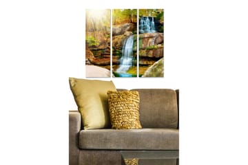 Trelerretsbilde 3-delt 50x70 cm - Foss omgitt av høstfarget natur - Grønn / Brun / Blå - Interiør - Maleri & posters - Lerretsbilder