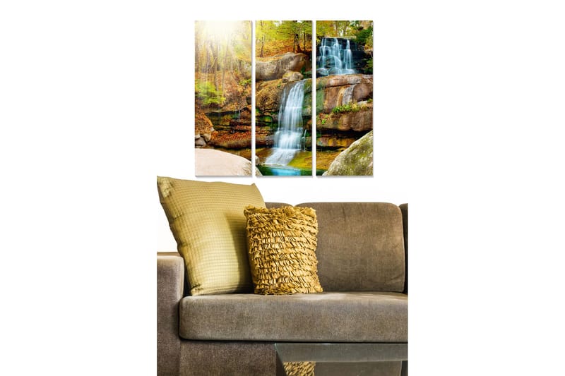 Trelerretsbilde 3-delt 50x70 cm - Foss omgitt av høstfarget natur, Grønn / Brun / Blå
