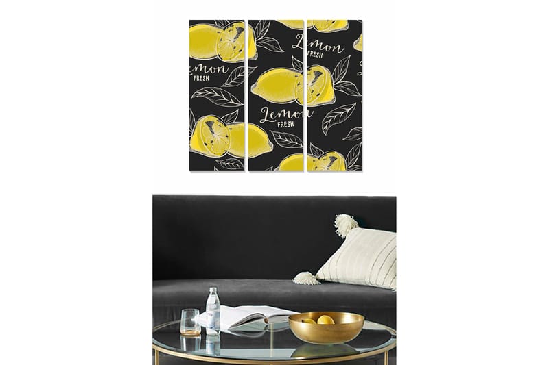 Trelerretsbilde 3-delt 50x70 cm - Friske sitroner med blader på mørk bakgrunn, Gul / Svart