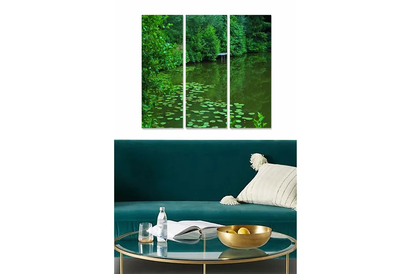 Trelerretsbilde 3-delt 50x70 cm - Frodig innsjø med vannliljer, Mørkegrønn / Lysegrønn