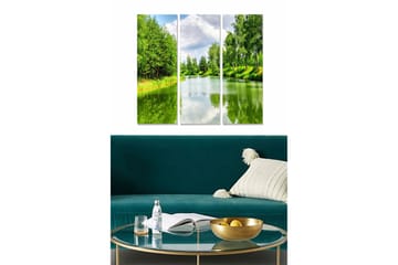 Trelerretsbilde 3-delt 50x70 cm - Frodig landskap med speillignende vannflater - Grønn / Blå / Hvit - Interiør - Maleri & posters - Lerretsbilder