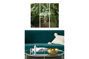Trelerretsbilde 3-delt 50x70 cm - Frodig landskap med treport - Grønn / Brun / Hvit - Interiør - Maleri & posters - Lerretsbilder