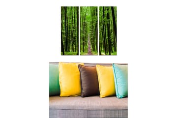 Trelerretsbilde 3-delt 50x70 cm - Frodig skog med høye trær og en sti som fører ned i dypet - Grønn / Lys grønn - Interiør - Maleri & posters - Lerretsbilder