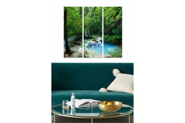 Trelerretsbilde 3-delt 50x70 cm - Frodig skog med rislende foss - Grønn / Blå - Interiør - Maleri & posters - Lerretsbilder