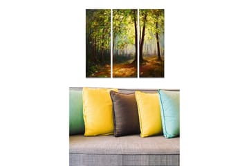 Trelerretsbilde 3-delt 50x70 cm - Frodig skog med solstråler som siver gjennom trærne - Grønn / Brun / Gul - Interiør - Maleri & posters - Lerretsbilder