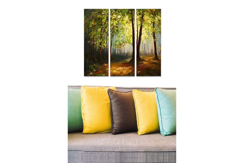 Trelerretsbilde 3-delt 50x70 cm - Frodig skog med solstråler som siver gjennom trærne, Grønn / Brun / Gul