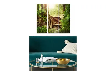 Trelerretsbilde 3-delt 50x70 cm - Frodig skog med solstråler som skinner gjennom trærne - Grønn / Brun / Gull - Interiør - Maleri & posters - Lerretsbilder