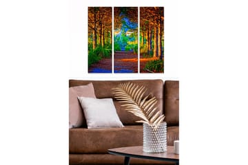 Trelerretsbilde 3-delt 50x70 cm - Frodig skogssti med solfylte trær og grøntområder - Grønn / Oransje / Blå - Interiør - Maleri & posters - Lerretsbilder