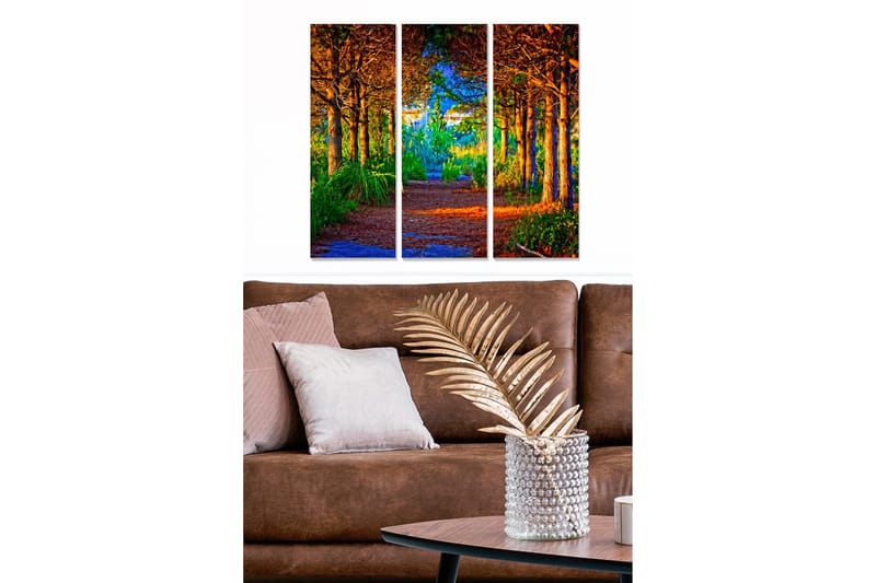 Trelerretsbilde 3-delt 50x70 cm - Frodig skogssti med solfylte trær og grøntområder, Grønn / Oransje / Blå
