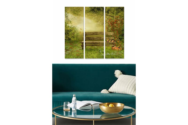 Trelerretsbilde 3-delt 50x70 cm - Frodig park med benk og fruktkurv omgitt av blomster og sommerfugler, Grønn / Rød / Gul