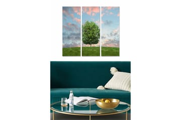 Trelerretsbilde 3-delt 50x70 cm - Frodige trær på en ås under en fargerik himmel - Grønn / Blå / Rosa - Interiør - Maleri & posters - Lerretsbilder
