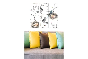Trelerretsbilde 3-delt 50x70 cm - Fugler som bygger reir med egg i en grenstruktur - Grønn / Brun / Beige - Interiør - Maleri & posters - Lerretsbilder