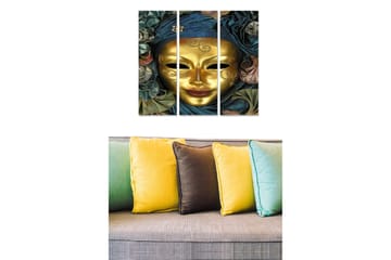 Trelerretsbilde 3-delt 50x70 cm - Gullmaske omgitt av fargerike tekstiler og blomster - Gull / Mørk blå / Grønn - Interiør - Maleri & posters - Lerretsbilder