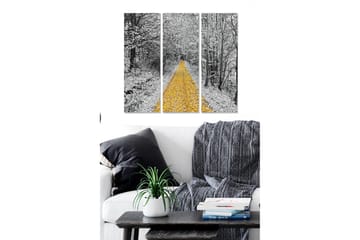 Trelerretsbilde 3-delt 50x70 cm - Gyllen vei omkranset av snødekte trær - Gul / Svart / Hvit - Interiør - Maleri & posters - Lerretsbilder