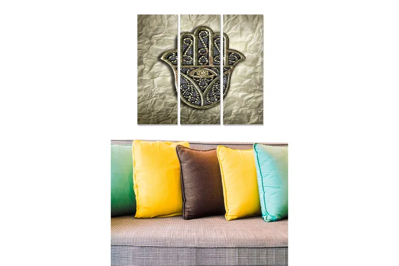 Trelerretsbilde 3-delt 50x70 cm - Hånd med øye i dekorativ stil, Gull / Svart / Grå