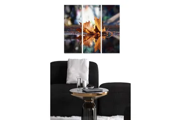 Trelerretsbilde 3-delt 50x70 cm - Høstblader som flyter på vannoverflaten - Gull / Brun / Blå - Interiør - Maleri & posters - Lerretsbilder