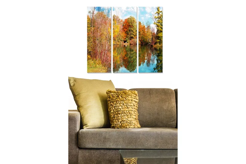 Trelerretsbilde 3-delt 50x70 cm - Høstlandskap med fargerike trær og refleksjon i vann, Rød / Oransje / Grønn