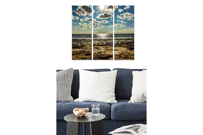 Trelerretsbilde 3-delt 50x70 cm - Havutsikt med solrefleksjoner og skyer på himmelen, Blå / Beige / Grå