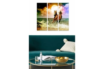 Trelerretsbilde 3-delt 50x70 cm - Hest galopperer gjennom bølger ved solnedgang - Brun / Blå / Gul - Interiør - Maleri & posters - Lerretsbilder