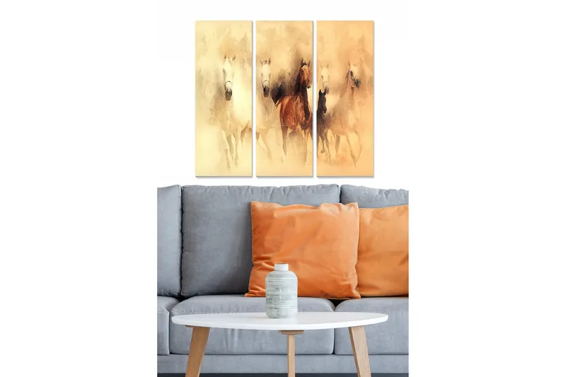 Trelerretsbilde 3-delt 50x70 cm - Hester i bevegelse i myke, jordfargede toner, Lys beige / Brun / Hvit